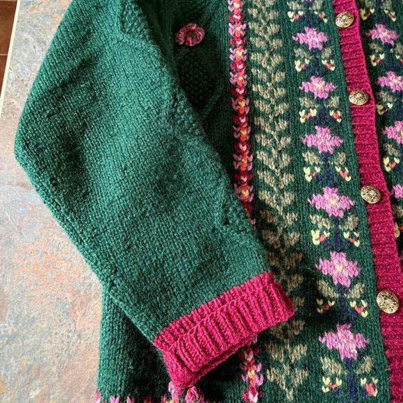 Vintage Woodstock International Forest Green Handknit Wool Floral Cardigan Sweat - Picture 5 of 8